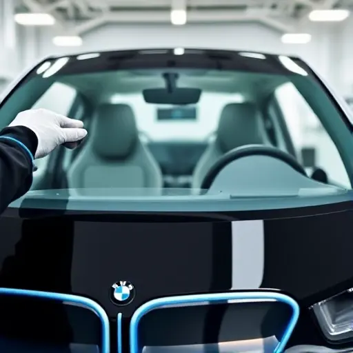 A professional close-up shot of a modern BMW i3 electric car in a clean, bright auto repair shop. A technician's hands in protective gloves are carefully installing a brand new, crystal clear windshield. The focus is on the precision of the glass fitting against the car's unique chassis. High-quality lighting, cinematic composition, industrial aesthetic, 8k resolution.