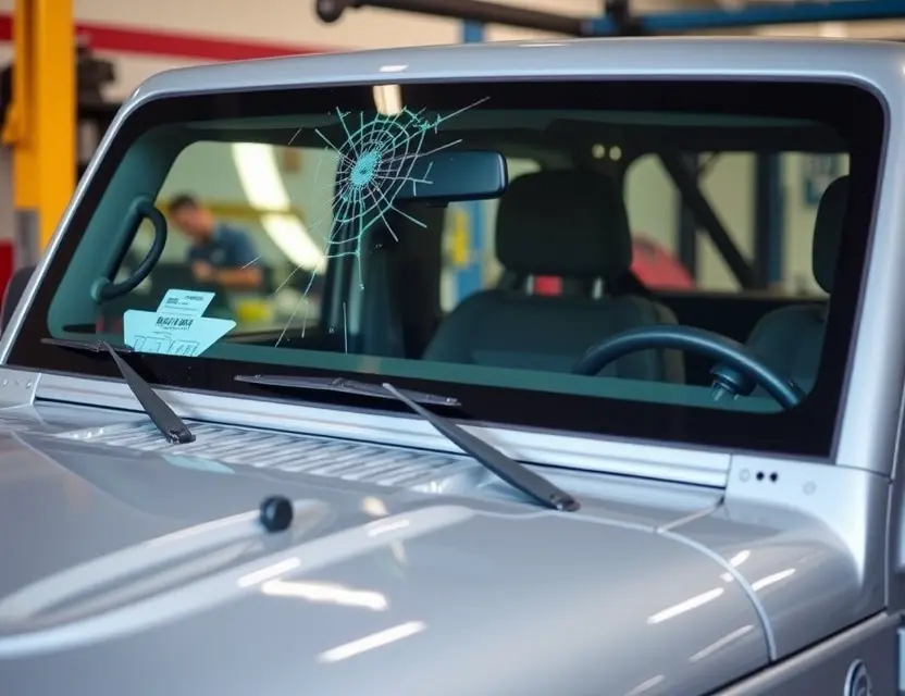 A Jeep vehicle with a cracked windshield undergoing a windshield replacement. The replacement windshield is being installed by a mechanic. Focus on the process and the replacement windshield fitting into place.