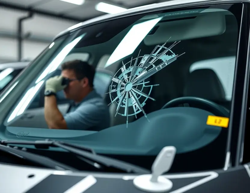 A close-up shot of a VinFast VF9 undergoing windshield replacement. Focus on the technician working on the windshield, tools, and the damaged area of the windshield. The background should be a clean, well-lit garage or workshop.