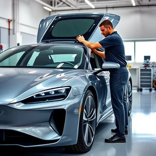 A professional mechanic carefully removes and installs a new windshield on a sleek electric sedan with a futuristic design, set in a clean automotive workshop
