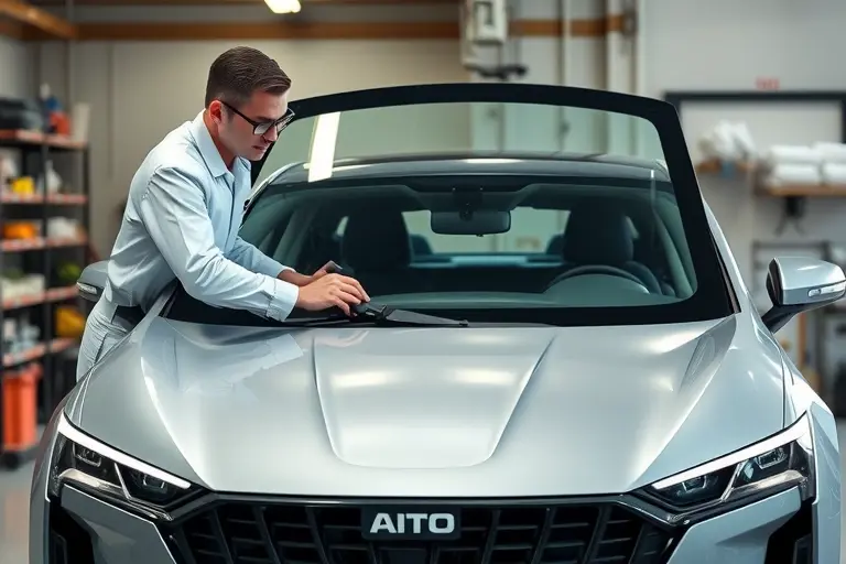 A detailed, realistic scene of a modern AITO M7 hybrid EREV car (2022 model) in a professional auto repair garage, focusing on the front area where the windshield is being replaced. Show a skilled technician wearing a clean uniform and safety glasses, using specialized tools to carefully remove the old windshield and position a new, pristine glass. The car should have sleek, futuristic design cues, with the brand logo subtly visible on the front grille, but no additional text or branding. The garage background should be well-lit, with organized equipment and a clean workbench, emphasizing a high-quality automotive service environment.