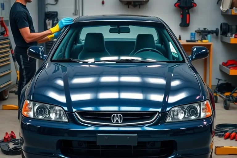 A detailed scene of a mechanic in a garage replacing the windshield of a 1997 Acura Integra 1.8 B18C, showing the car's front view with the old windshield partially removed and a new glass panel being positioned, surrounded by automotive tools, safety gloves, and a clean workshop environment.