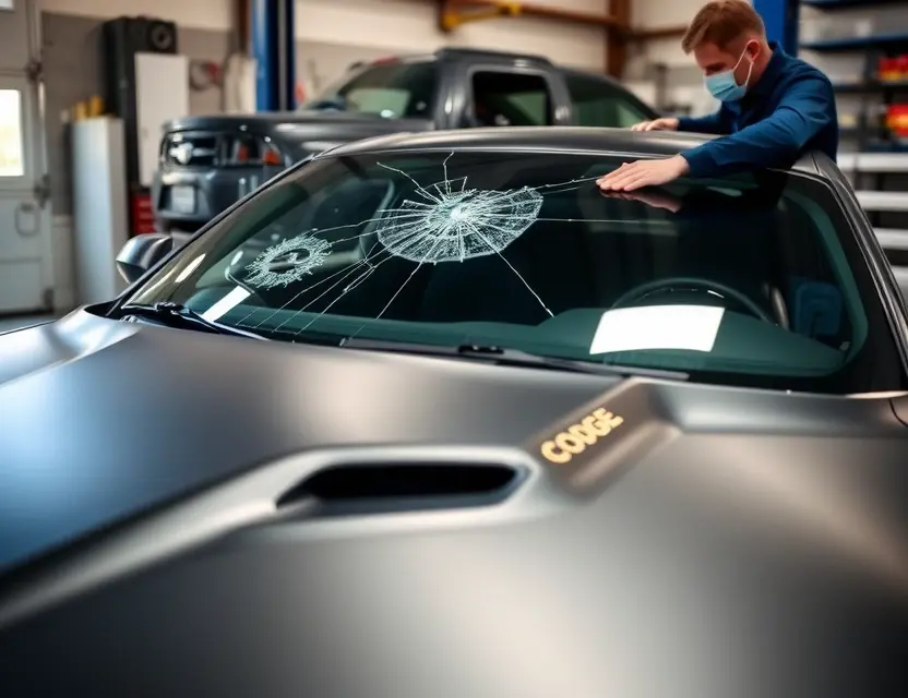 A Dodge Challenger with a cracked windshield being replaced by a mechanic. The car is parked on a service lift in a garage. Focus on the replacement process, showing the new windshield being installed.