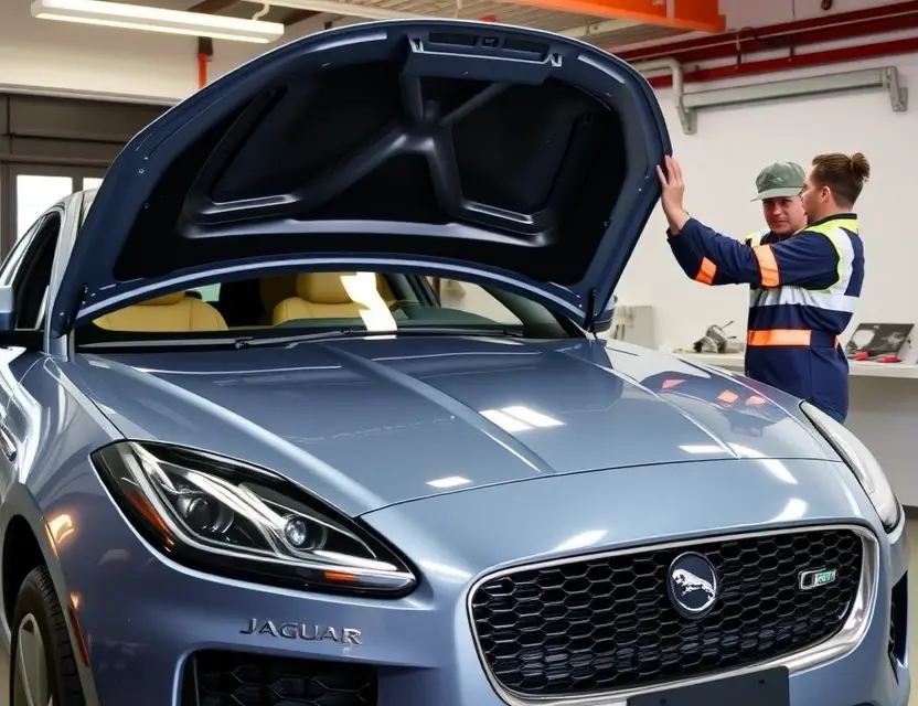 Замена лобового стекла Jaguar E-Pace A high-quality, realistic photo of a Jaguar E-Pace SUV in a professional auto repair shop with its front windshield removed, showing the exposed frame and adhesive area, with a technician in safety gear preparing to install a new glass panel, bright workshop lighting, clean background, no text or logos