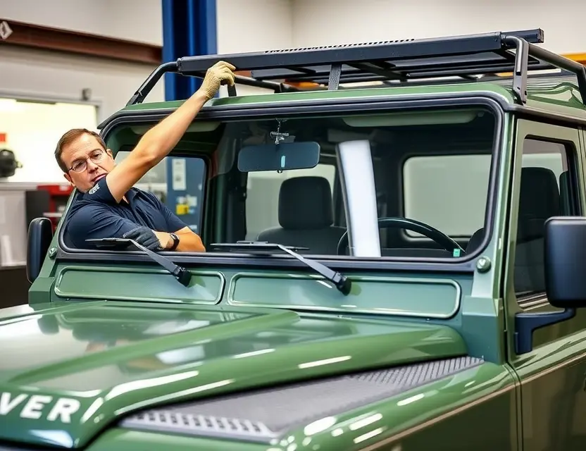 Замена лобового стекла Land Rover A professional mechanic replacing the windshield of a Land Rover vehicle. The scene should show the mechanic carefully removing the old windshield and preparing to install the new one. The Land Rover should be in a well-lit garage or workshop, with all necessary tools and equipment visible. The mechanic should be wearing appropriate safety gear, such as gloves and safety glasses.