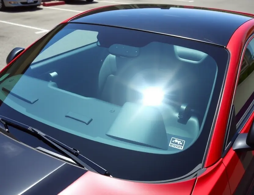 A high-quality image depicting a Ford Mustang with a replaced windshield. The windshield is clear and new, seamlessly integrated with the existing frame. The car is parked outdoors on a sunny day, showcasing the replacement. Focus on the detail of the new windshield and its fit.