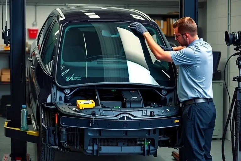 A detailed, realistic depiction of a mechanic replacing the windshield on a Mercedes-Benz AMG EQE 53 electric sedan. The scene shows the car on a service lift, the old cracked windshield removed, and a new clear glass panel being fitted. The focus is on the precision of the replacement, with tools and a clean, professional workshop environment. No text, logos, or digits should appear in the image.