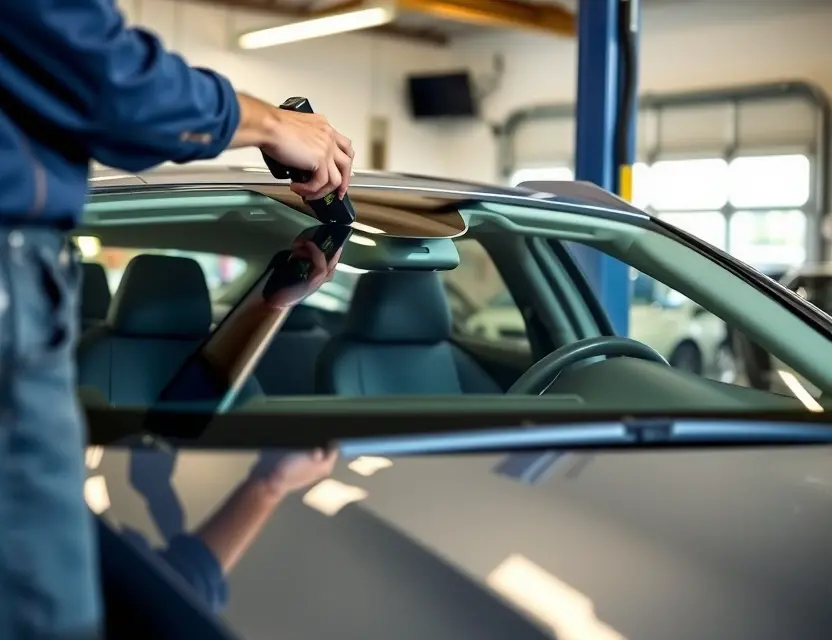 Замена лобового стекла Peugeot 508 A professional auto service scene showing a Peugeot 508 with its windshield being replaced by a technician using proper tools, close-up view of the glass installation process, clean garage environment, natural lighting, focus on the windshield and hands working, no text or logos visible