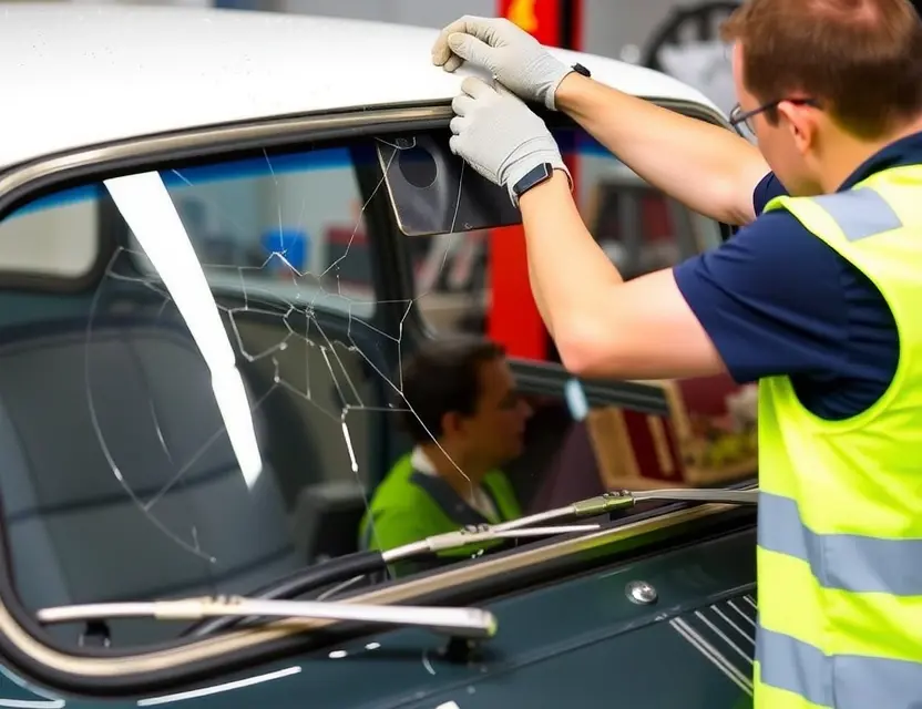 A Trabant 601 with a cracked windshield being replaced by a mechanic. The mechanic is wearing a safety vest and gloves. The replacement windshield is being installed. The background shows a garage or workshop.