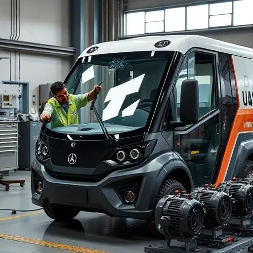 A realistic workshop scene showing a Yangwang U8 EREV vehicle with a technician removing a cracked windshield and installing a new glass, four electric motor units visible nearby, detailed lighting and textures, captured in the smallHQ style