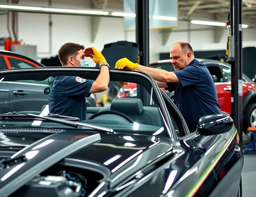 A professional automotive service center showing a technician carefully replacing the windshield of an AMC Hornet, with clean tools and safety equipment visible, modern workshop background, well-lit and realistic details