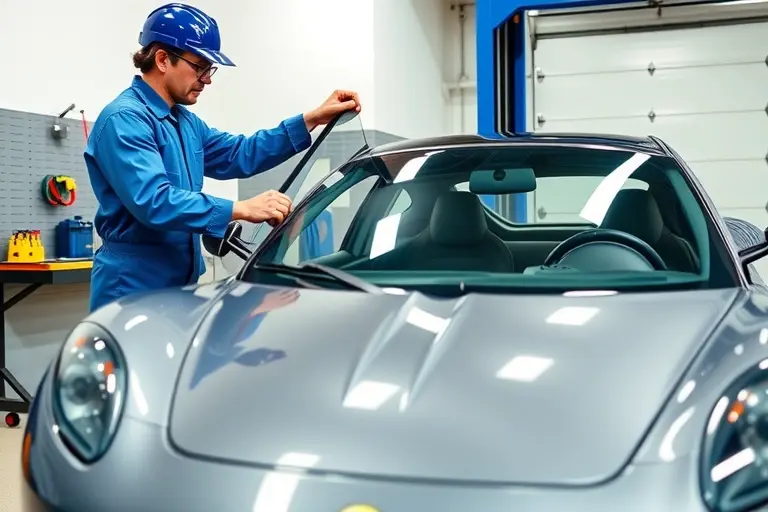 A detailed workshop scene showing a mechanic in a clean garage, wearing a blue coveralls and a helmet, carefully removing the old windshield from a Lotus Emira 3.5 V6 Supercharged car. The car is positioned on a hydraulic lift, with the windshield frame exposed. The mechanic is holding a new windshield, which is being placed onto the car. The background includes a workbench with tools, a safety shield, and a clear view of the car's front. The lighting is bright and evenly distributed, highlighting the glossy finish of the new windshield and the polished metal of the car.