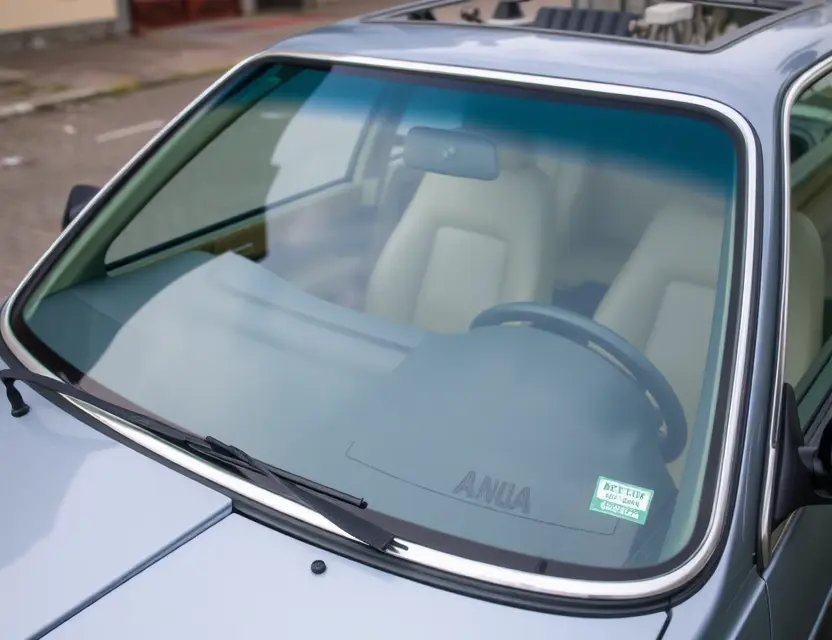 A high-quality image depicting a BMW 6er (E24) with a replaced windshield. The windshield is clear and undamaged, contrasting with the original windshield which is visibly cracked or damaged. The car is parked outdoors on a paved surface, with a slightly blurred background showing a typical street scene. Focus should be on the replaced windshield and the overall condition of the car.