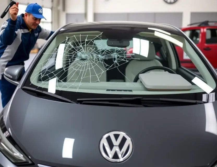 Предлагаем услугу по замене лобового стекла Volkswagen ID.4 A Volkswagen ID.4 with a cracked windshield being replaced by a technician in a garage. The focus should be on the replacement process, showing the new windshield being installed.