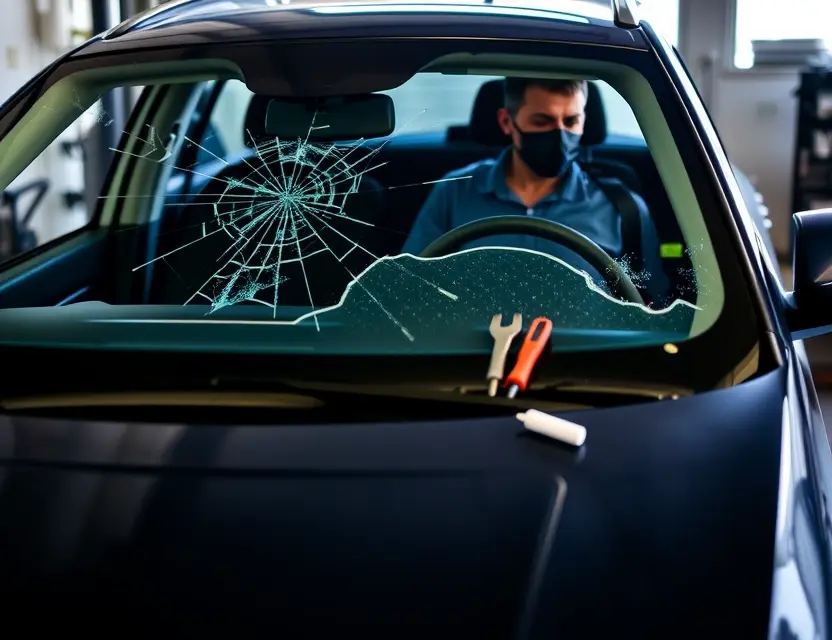 A Geely car with a cracked windshield undergoing a windshield replacement service. The scene should depict a mechanic working on the car, tools visible, and a new windshield being installed. Focus on the car's exterior and the replacement process.