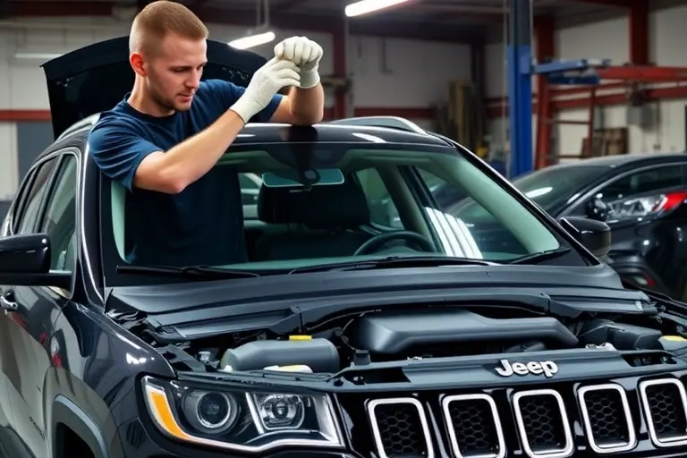 A mechanic in a garage replacing the windshield of a Jeep Compass PHEV 1.3 Turbo, with the electric motor exposed, realistic detail, no text or logos