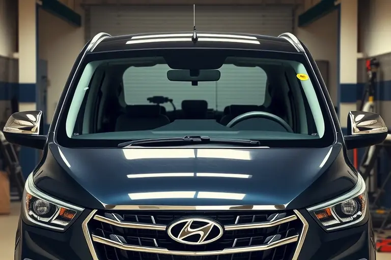 A mechanic in a garage working on a Hyundai Palisade 2.2 diesel 200 hp, removing the old windshield and installing a new one. The image shows the front of the vehicle, the windshield area, a set of tools, and a clear view of the replacement process. No text or digits should appear.