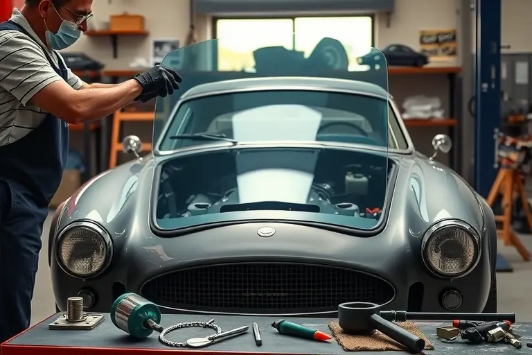 A realistic scene of a mechanic in a garage replacing the windshield of a Cord 812 4.7L V8 Supercharged 190 hp car. The mechanic, wearing gloves and a face mask, holds a new windshield while the old one is removed and placed on the floor. The car’s front is visible with the hood slightly open, revealing the engine. Tools such as a suction cup, a glass cutter, and a cleaning cloth are scattered on a workbench. The background shows a workshop with a workbench, a car lift, and a window with natural light. The focus is on the mechanic’s hands, the windshield, and the car’s front, with no text or logos in the image.