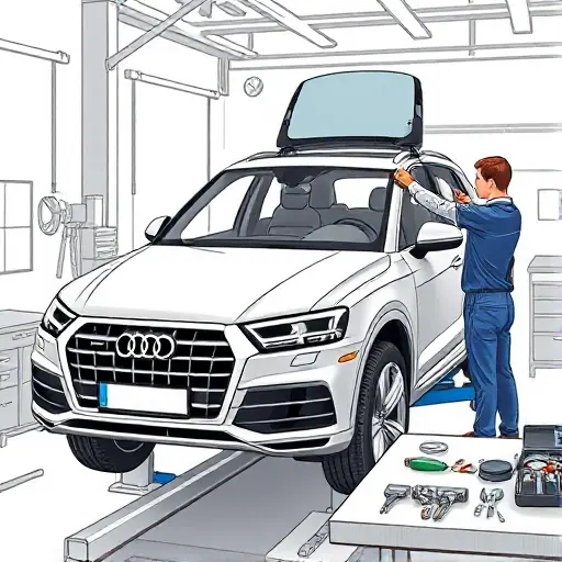 A realistic, high-quality illustration of a mechanic in a workshop replacing the windshield on an Audi Q5 PHEV 2.0 TFSI + electric motor 367. The scene shows the car partially lifted, the old windshield removed, and the new windshield being fitted with tools on a workbench. The electric motor is visible in the engine bay. No text or lettering is present.