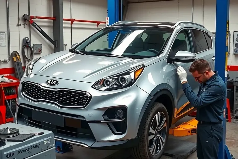 A detailed, realistic depiction of a mechanic replacing the windshield on a Kia Sportage 1.6 Hybrid (2021 model). The scene shows the vehicle on a lift in a workshop, the old windshield removed, the frame cleaned, adhesive applied, and the new windshield being carefully positioned and secured. The focus is on the precision of the replacement process, with tools and parts visible but no text or branding.