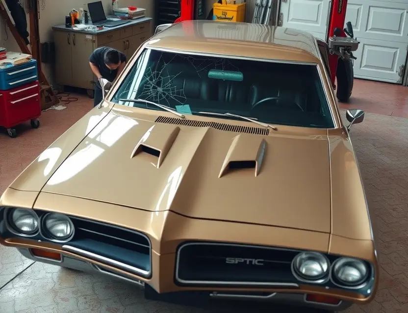A Pontiac Trans Am with a cracked windshield being replaced by a mechanic. The car is parked on a garage floor. The replacement windshield is being installed. Focus on the repair process.