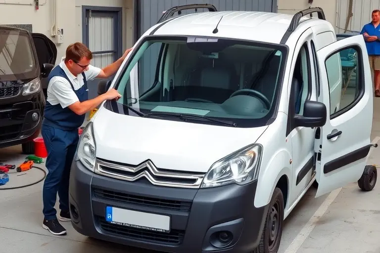 A mechanic in a garage carefully removing the old windshield from a Citroën Berlingo 1.2 PureTech 110 hp, with the car's front exposed, tools laid out, and a new windshield ready to be installed, all in a realistic, detailed style