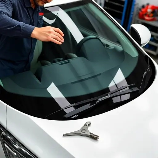 A close-up of a mechanic replacing the windshield of a Baojun RS 5 1.5 Turbo, showing the car's front, the new glass panel, tools, and a clean, professional setting