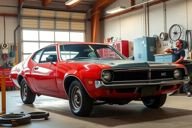 A classic 1968-1970 AMC Javelin with a 5.9 L V8 engine parked in a well-lit garage, a mechanic in vintage work clothes carefully removing the old windshield and installing a new one, surrounded by typical automotive tools and parts, realistic detail, focus on the car and the windshield replacement process