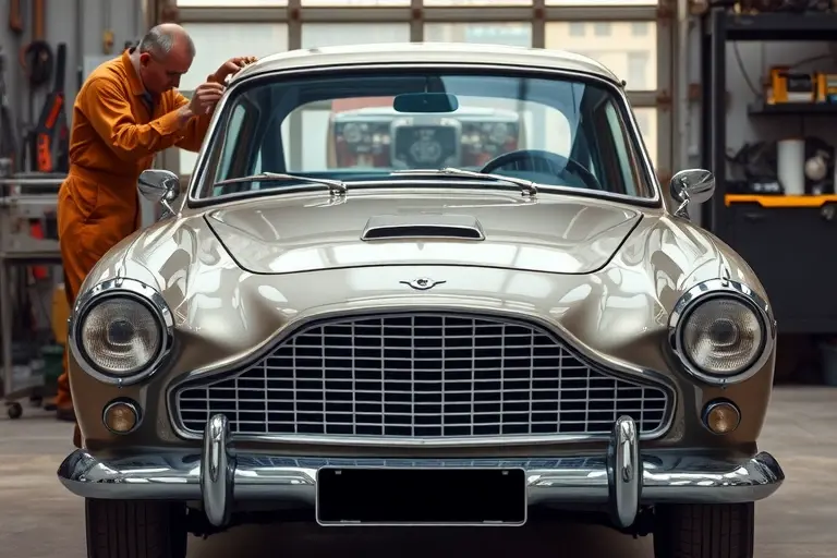 A vintage Bristol 407 (1961-1963) with its classic chrome grille and sleek body, shown from the front with the windshield being carefully removed and a new glass being installed by a mechanic in period-appropriate attire; the scene highlights the detailed metal frame, the distinctive curved windshield shape, and the workshop setting with vintage tools, all rendered in high detail and realistic lighting.