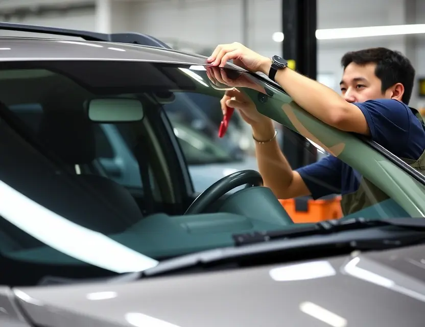 Замена лобового стекла Dodge Journey A car mechanic replacing the windshield of a Dodge Journey, showing tools and new windshield, professional workshop background, clear focus on the replacement process