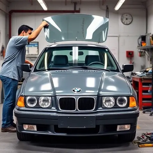 A mechanic in a garage replacing the windshield of a BMW 3er E36 2.8 L, showing the car's front, the old windshield removed, the new windshield being installed, with tools and a workbench, realistic style