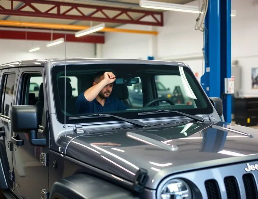 A professional mechanic replacing the windshield on a Jeep SUV in a clean auto repair shop, showing the removal of the old glass and installation of a new one, realistic high-quality automotive photography, bright lighting, no text or logos