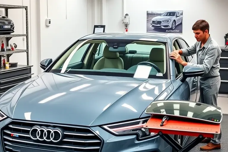 A modern Audi A6 (C8 generation, 2018‑present) parked in a clean automotive workshop. The front windshield is partially removed, showing the car's interior and the surrounding frame. A professional mechanic in a neutral uniform is using a suction cup tool to lift the glass, with a set of automotive tools and a replacement windshield on a nearby workbench. The scene is realistic, well‑lit, focusing on the car and the windshield replacement process, without any text or logos other than the Audi badge on the vehicle.