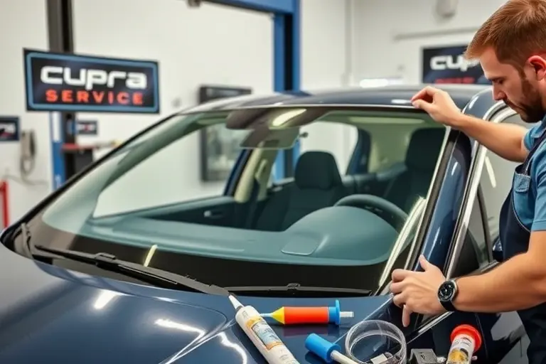 A detailed workshop scene showing a mechanic in a clean, well-lit garage replacing the windshield of a Cupra Formentor 2.0 TSI 190 hp (2020 model). The image should depict the car on a hydraulic lift, the old cracked windshield removed, a new clear windshield being fitted with adhesive, and tools such as a suction cup, a glass cutter, and a sealant gun neatly arranged on a workbench. The focus is on the precision of the replacement process, with close-up shots of the glass edges, the sealant application, and the mechanic’s hands. The background should include a branded Cupra service sign and a subtle reflection of the car’s sleek exterior on the garage floor. No text, logos, or numbers should be visible in the image.