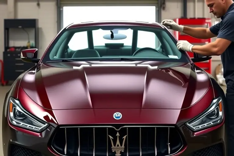 A detailed, realistic workshop scene showing a skilled mechanic replacing the windshield on a Maserati Ghibli 3.0 V6 Twin Turbo. The image should feature the car in a well-lit garage, the old windshield partially removed, a new high‑quality glass panel being fitted, and the mechanic using proper tools and safety gear. The focus is on the precision of the replacement process, with close‑up shots of the glass, the car’s front fascia, and the mechanic’s hands and tools. No text or lettering should appear in the image.
