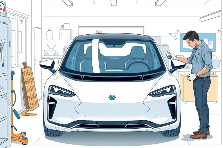 A detailed illustration of a mechanic replacing the windshield on a Luxeed S7 electric car (2023 model) in a workshop. The scene shows the car's front, the old windshield being removed, a new windshield being installed, tools and a technician wearing gloves, with a modern electric car design.