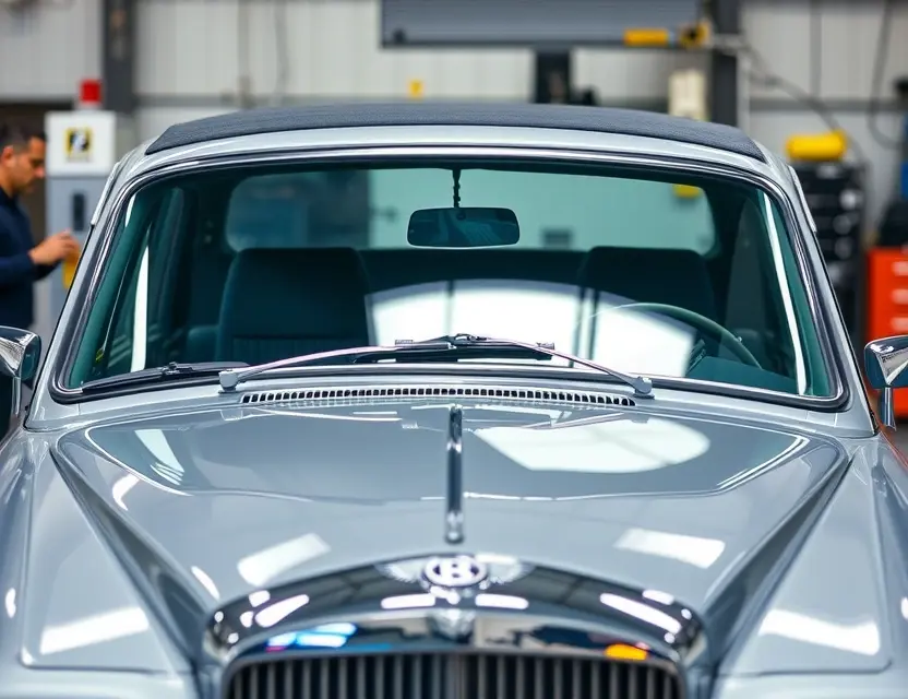 A high-quality image depicting the replacement of the windshield on a Bentley S2. The scene should show a mechanic working on the car, with the old windshield being removed and the new one being installed. Focus on the details of the windshield replacement process.