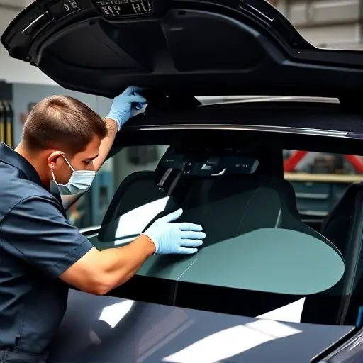 A mechanic in a garage, wearing gloves and a protective mask, carefully removing the old windshield of an Audi Q5 2.0 TDI 163 hp (2017-2022) and installing a new one. The car is partially open, showing the interior of the windshield area. The mechanic uses a suction cup and a new windshield. The background is a workshop with tools and a workbench.