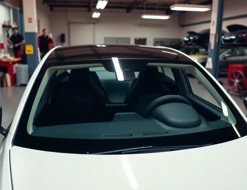 A Tesla Model 3 Performance with a newly replaced front windshield, clean and modern exterior, no damage or cracks, parked in a well-lit garage with soft ambient lighting, professional automotive service environment, realistic details, no people, no text, no logos