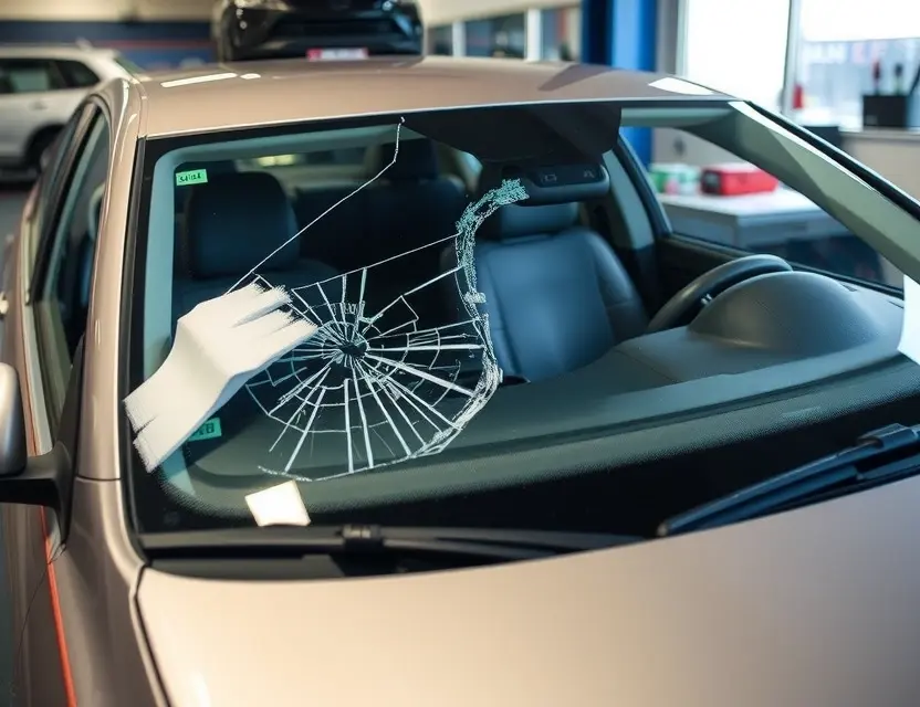 A Jetta car with a cracked windshield undergoing windshield replacement at an auto repair shop. The shop has tools and parts visible. Focus on the replacement process.