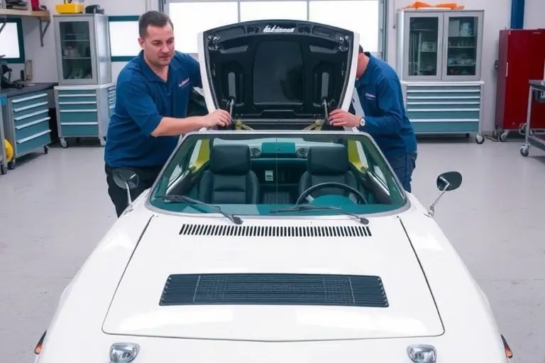 A classic Alpine A310 sports car from the late 1970s parked in a clean workshop, with a professional mechanic carefully removing the old windshield and holding a new glass panel ready for installation. The scene highlights the car's sleek lines, the open hood, and the detailed windshield frame, emphasizing the precision of the replacement process. The background shows organized tools and a bright, well-lit environment, focusing solely on the car and the windshield work.