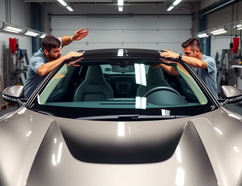 A professional auto repair scene showing the replacement of the windshield on a Lucid Air Grand Touring. The car should be in a well-lit garage with technicians carefully removing the old windshield and preparing to install a new one. The car's sleek design and high-quality materials should be highlighted. The technicians should be wearing appropriate safety gear.