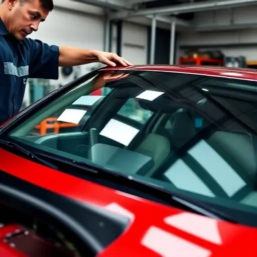 A close-up of a mechanic replacing the windshield of a BMW 1er F20 3.0 L 340 hp (2015-2019) in a workshop, showing the new glass being fitted into the car's front, with tools and the car's interior visible