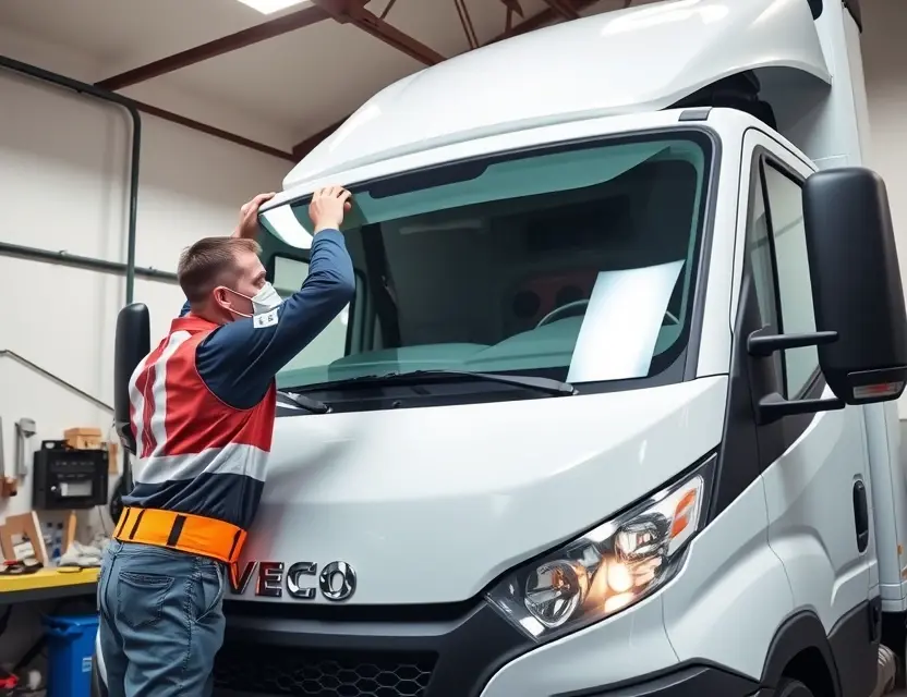 A professional mechanic replacing the windshield of an Iveco Daily truck. The scene should include the truck with its hood open, the mechanic wearing safety gear, and the new windshield being carefully installed. The setting should be a well-lit garage or workshop with appropriate tools and equipment visible.