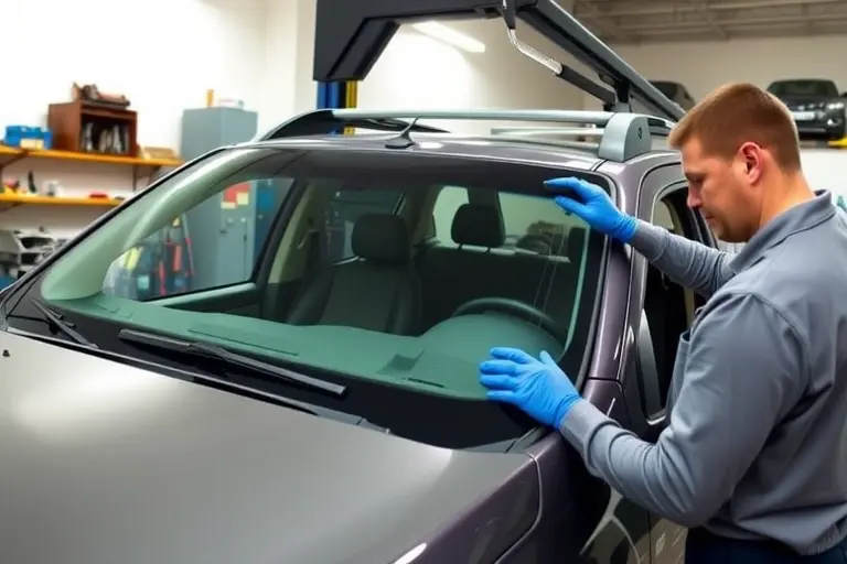 A mechanic in a garage, wearing protective gloves, installing a new windshield on a Chevrolet Colorado 2.5 L 200 hp (2015 model). The car is positioned on a lift, the windshield is being secured with a clear adhesive, and the mechanic is using a squeegee. The background shows a workshop with tools, a workbench, and a car lift, focusing on the windshield installation process.