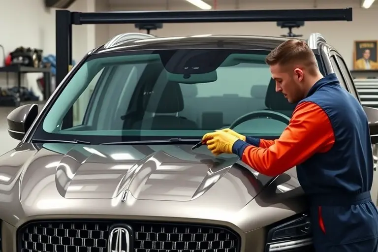 A realistic, high-resolution depiction of a mechanic replacing the windshield on a Lincoln Aviator 3.0 V6 Twin Turbo 400 hp. The scene is set in a well-lit garage with a car lift and a workbench. The mechanic, wearing a protective jacket and gloves, is carefully removing the old windshield using a suction cup and then installing a new one with precision tools. The focus is on the car's front, the glass panels, and the mechanic's hands and tools. The background shows automotive parts, a toolbox, and a subtle hint of a car interior visible through the new windshield. The lighting is bright and natural, emphasizing the clarity of the glass and the metallic surfaces of the car and tools.