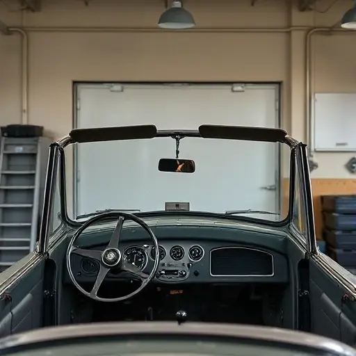 Замена лобового стекла Alvis 12/50 A vintage Alvis 12/50 car with its windshield removed, showing the empty frame and dashboard interior, set against a neutral workshop background with soft lighting, high detail, realistic automotive photography style
