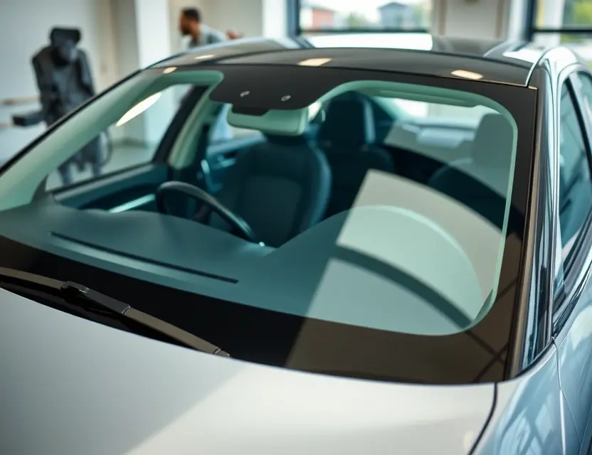 A high-quality image depicting a NIO vehicle with a replaced windshield. The windshield is seamlessly integrated with the new glass, showing a clear and flawless finish. The car should be parked in a clean, well-lit environment, possibly a service bay or a showroom. Focus on the detail of the replacement and the quality of the new glass.
