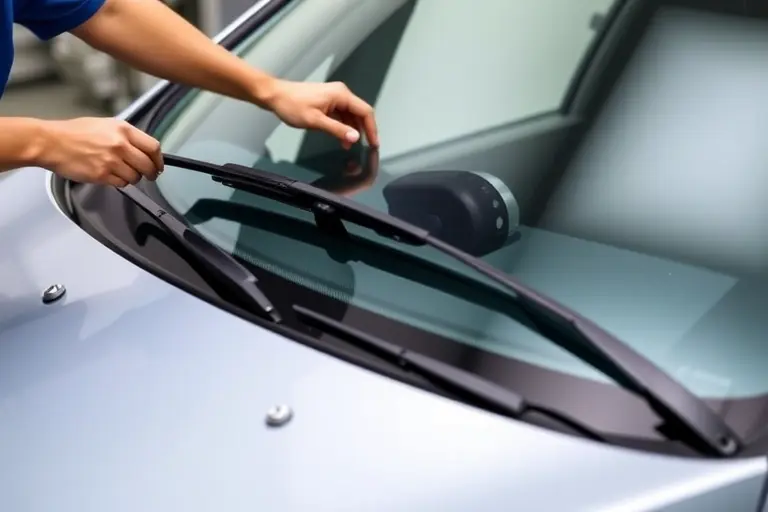 A detailed close‑up of a Chevrolet Spark (2005–2015) windshield replacement, showing a new clear glass panel being installed on the car's front, with a mechanic's hands holding a windshield wiper, the car's hood open, and the new glass visible, no text or digits