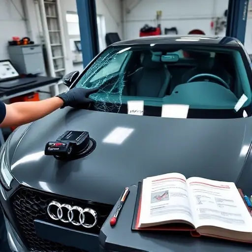 A close-up of a mechanic in a clean, well-lit automotive workshop, carefully removing the old windshield from an Audi TT RS 2.5 TFSI 400 hp (2016–2023) and fitting a new, pristine windshield. The scene shows the car’s front end, the mechanic’s hands with gloves, a set of specialized tools, and a neatly organized workbench with a service manual open to the windshield replacement page. The focus is on the precision of the replacement process, the contrast between the damaged old glass and the new clear glass, and the sleek lines of the Audi TT RS.